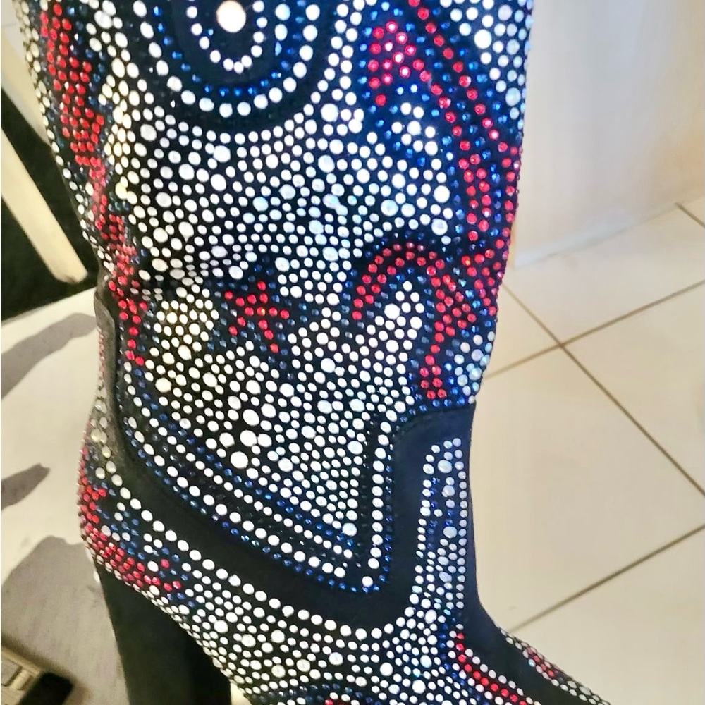 Like New (worn once) Studded Knee-High Cowboy Boots with Red and Blue Accents.